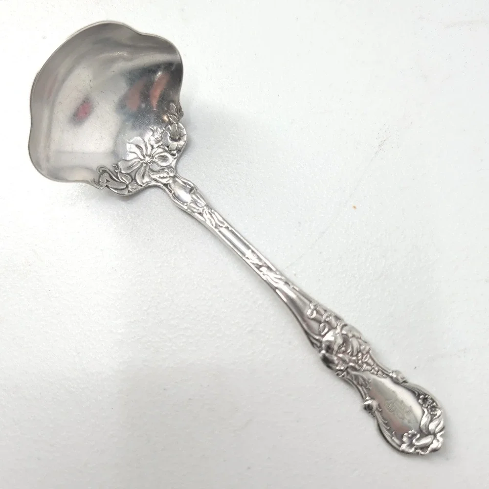 1835 R Wallace Silver Plate Sugar Shell Spoon  Floral Scalloped Monogram